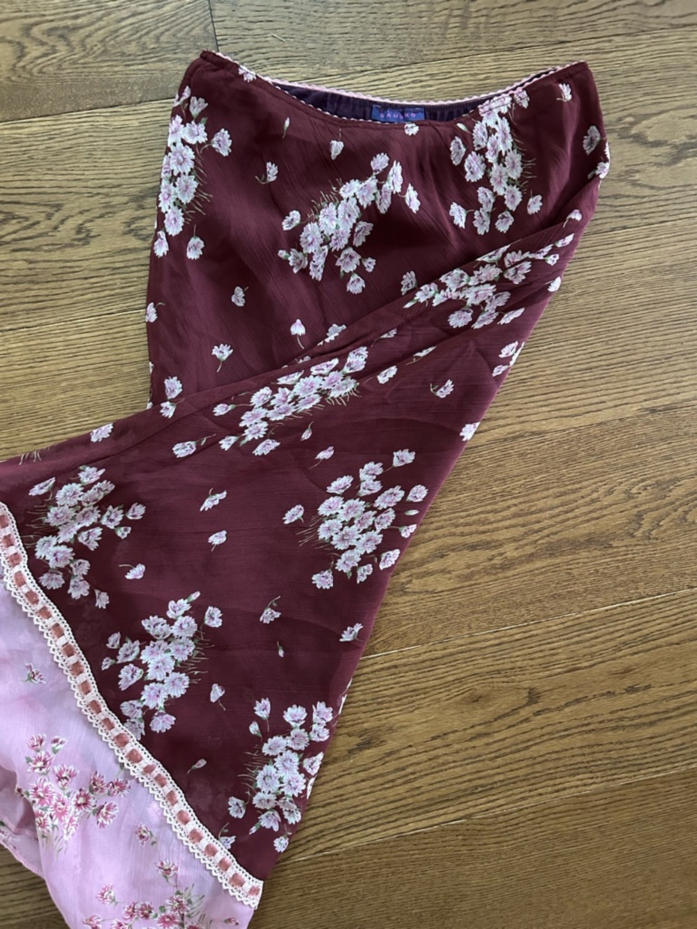 Vintage Sandro Burgundy Floral Midi Slip Skirt with Pink Accents - Picture 7 of 7